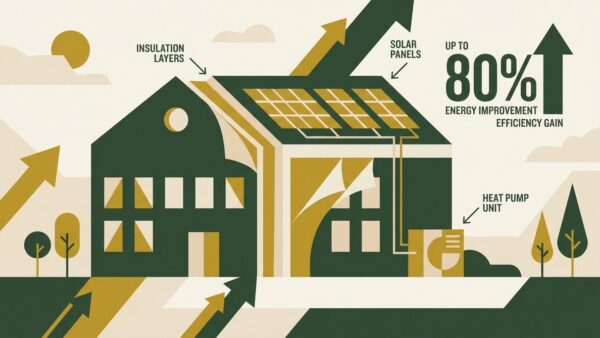 KfW 264 und 464 kommunale Gebäudesanierung — Schulgebäude mit Energieeffizienz-Maßnahmen, Flat-Illustration