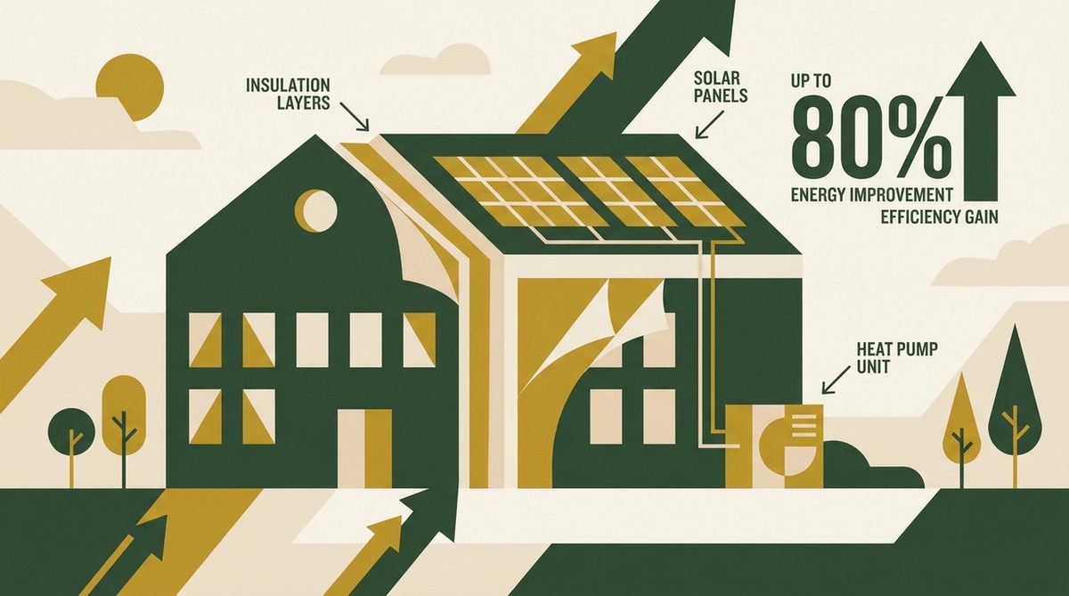 KfW 264 und 464 kommunale Gebäudesanierung — Schulgebäude mit Energieeffizienz-Maßnahmen, Flat-Illustration