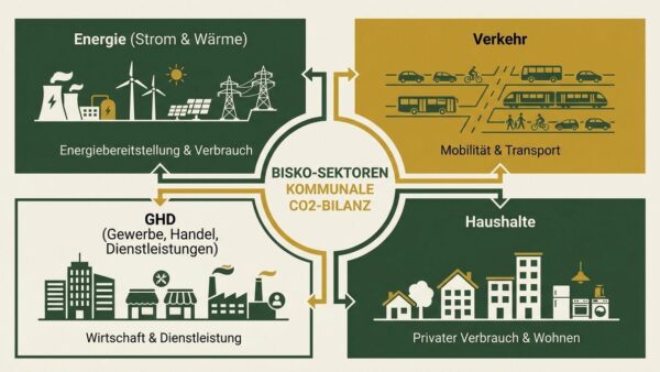 BISKO-Methode für kommunale CO₂-Bilanzierung — vier Sektoren im Schema