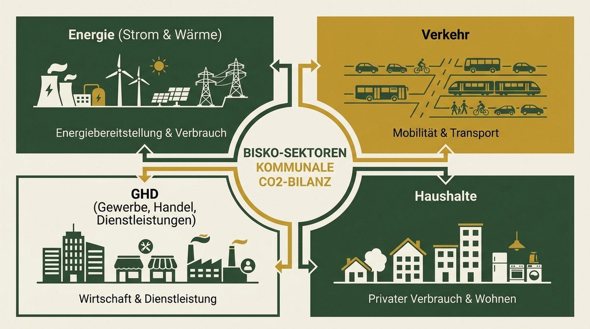 BISKO-Methode für kommunale CO₂-Bilanzierung — vier Sektoren im Schema