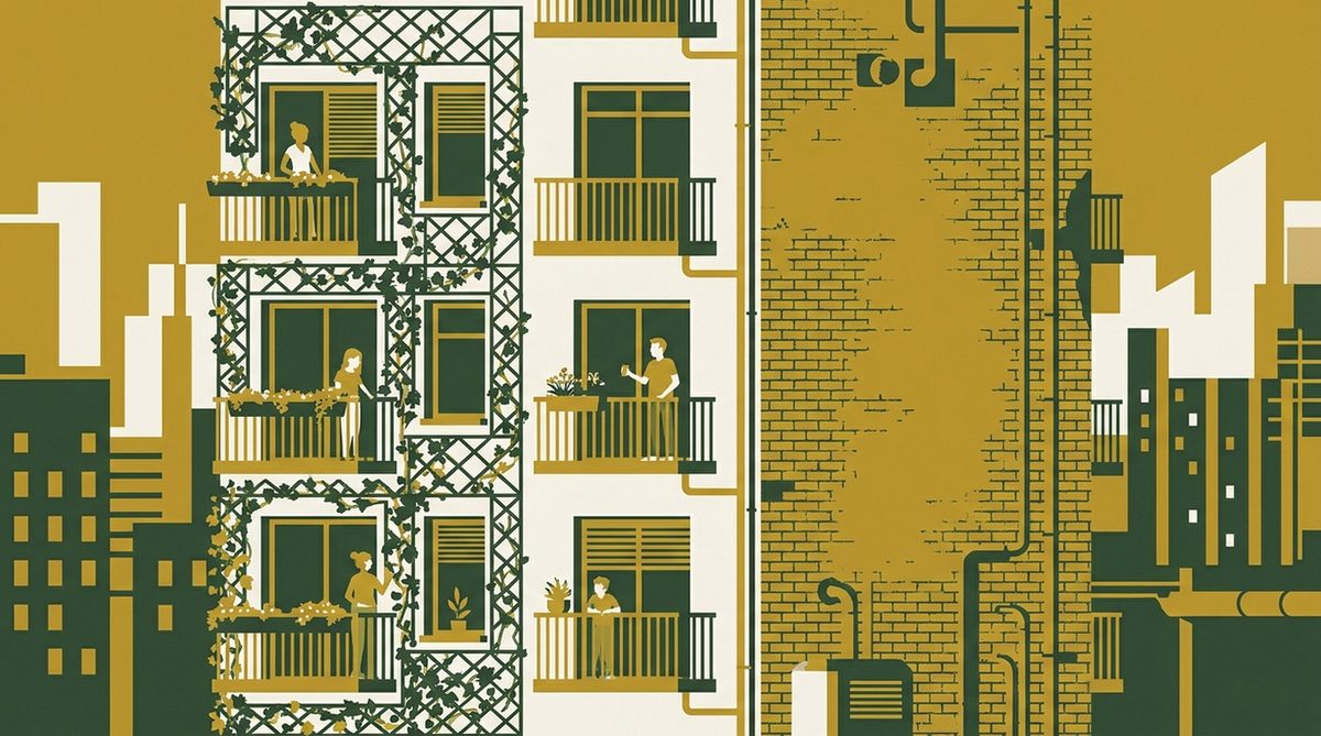 Illustrierte Hausfront mit Fassadenbegrünung und Rankhilfe – Schritt-für-Schritt zur Genehmigung