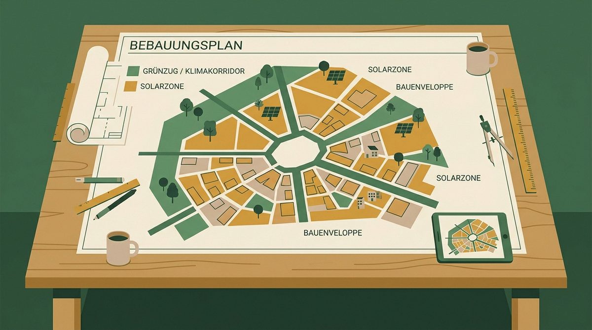 Bebauungsplan mit klimabezogenen Festsetzungen auf Planungstisch — kommunale Bauleitplanung und Klimaschutz