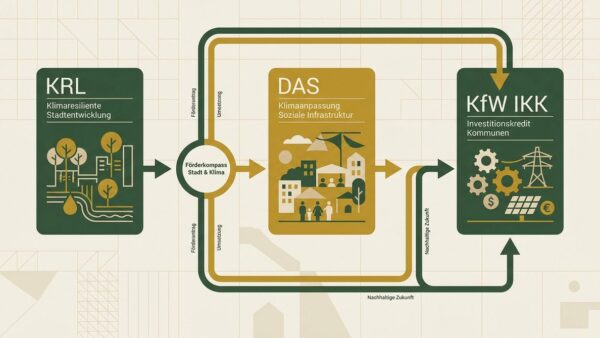 Stilisierter Förder-Navigator für kommunalen Klimaschutz 2026 — Übersicht der Programme KRL, DAS und KfW IKK