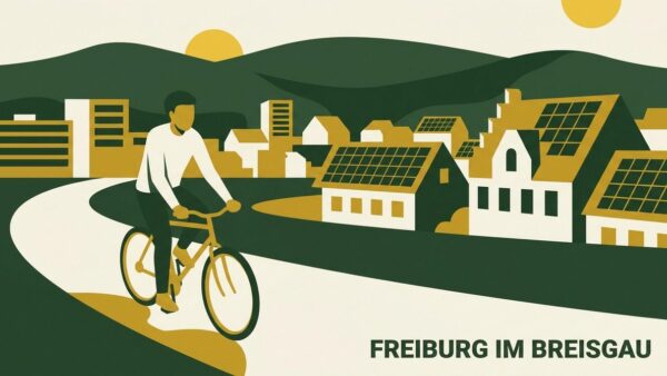 Illustration Freiburg im Breisgau Radverkehr und Solarenergie als Symbole für kommunalen Klimaschutz