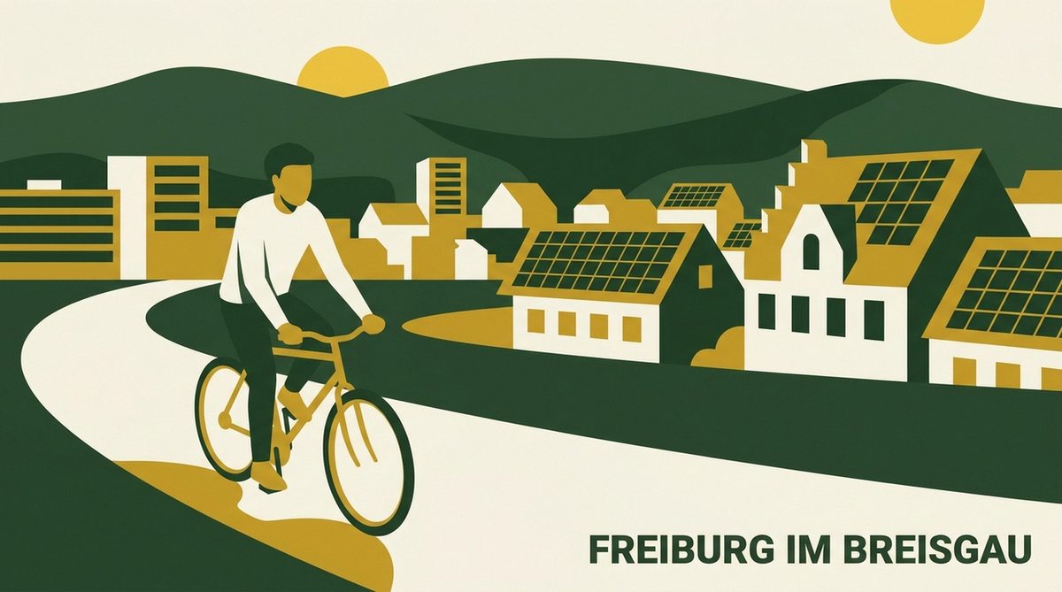 Illustration Freiburg im Breisgau Radverkehr und Solarenergie als Symbole für kommunalen Klimaschutz