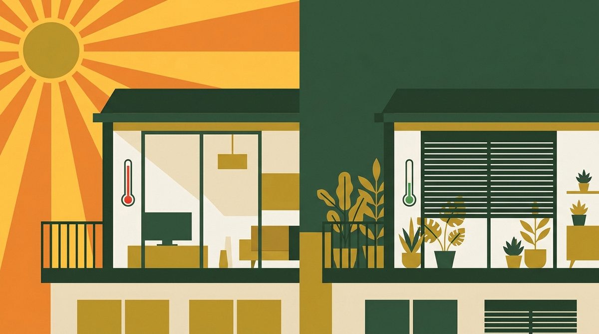 Illustration einer Dachgeschosswohnung mit Hitzebelastung und Gegenmaßnahmen – Mietrecht und Hitzeschutz für Mieter