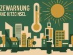 Stilisiertes Stadtpanorama mit Hitzewarnsymbol und Thermometer – Illustration kommunaler Hitzeschutzplan