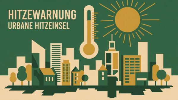 Stilisiertes Stadtpanorama mit Hitzewarnsymbol und Thermometer – Illustration kommunaler Hitzeschutzplan