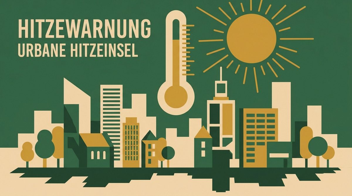 Stilisiertes Stadtpanorama mit Hitzewarnsymbol und Thermometer – Illustration kommunaler Hitzeschutzplan