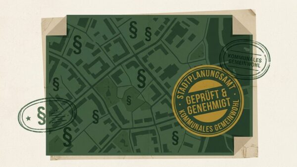 Symbolisches Stadtplanungsdokument mit Paragraphen-Zeichen und Verwaltungsstempel als Illustration zum Klimaanpassungsgesetz KAnG 2024