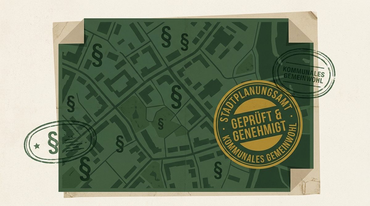 Symbolisches Stadtplanungsdokument mit Paragraphen-Zeichen und Verwaltungsstempel als Illustration zum Klimaanpassungsgesetz KAnG 2024