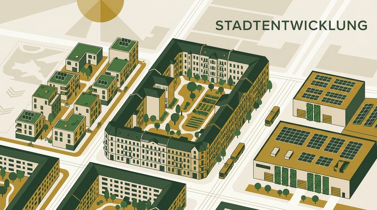 Klimagerechtes Stadtquartier in drei Typen — Neubau, Gründerzeit und Gewerbe aus der Vogelperspektive
