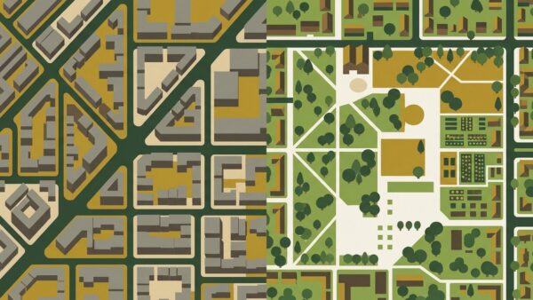 Grafische Gegenüberstellung eines dicht bebauten, grünarmen Stadtteils und eines parkreichen Wohngebiets – Klimagerechtigkeit im Kiez