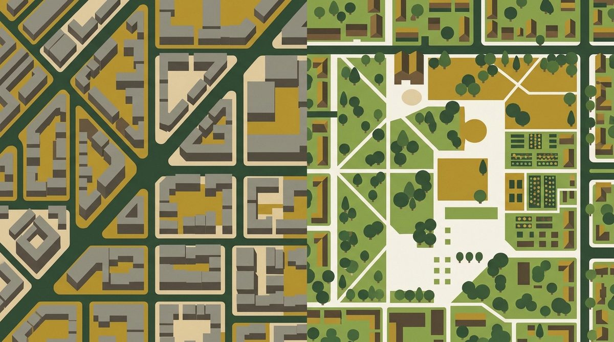 Grafische Gegenüberstellung eines dicht bebauten, grünarmen Stadtteils und eines parkreichen Wohngebiets – Klimagerechtigkeit im Kiez