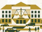 Klimaklage in Deutschland — Bürger und kommunale Verwaltung vor Gericht, abstrakte Flat-Illustration