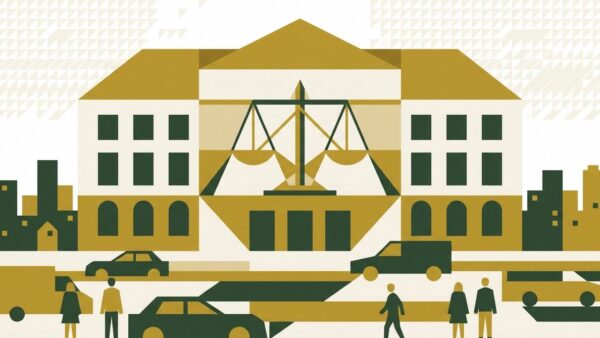 Klimaklage in Deutschland — Bürger und kommunale Verwaltung vor Gericht, abstrakte Flat-Illustration