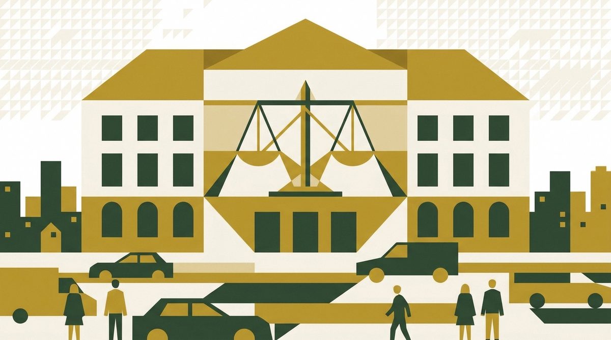 Klimaklage in Deutschland — Bürger und kommunale Verwaltung vor Gericht, abstrakte Flat-Illustration