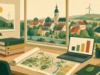 Illustration eines Büroschreibtischs mit Stadtplan, Aktenordnern und Laptop mit Balkendiagramm, durch das Fenster eine Kleinstadt mit Solardächern und einem Windrad