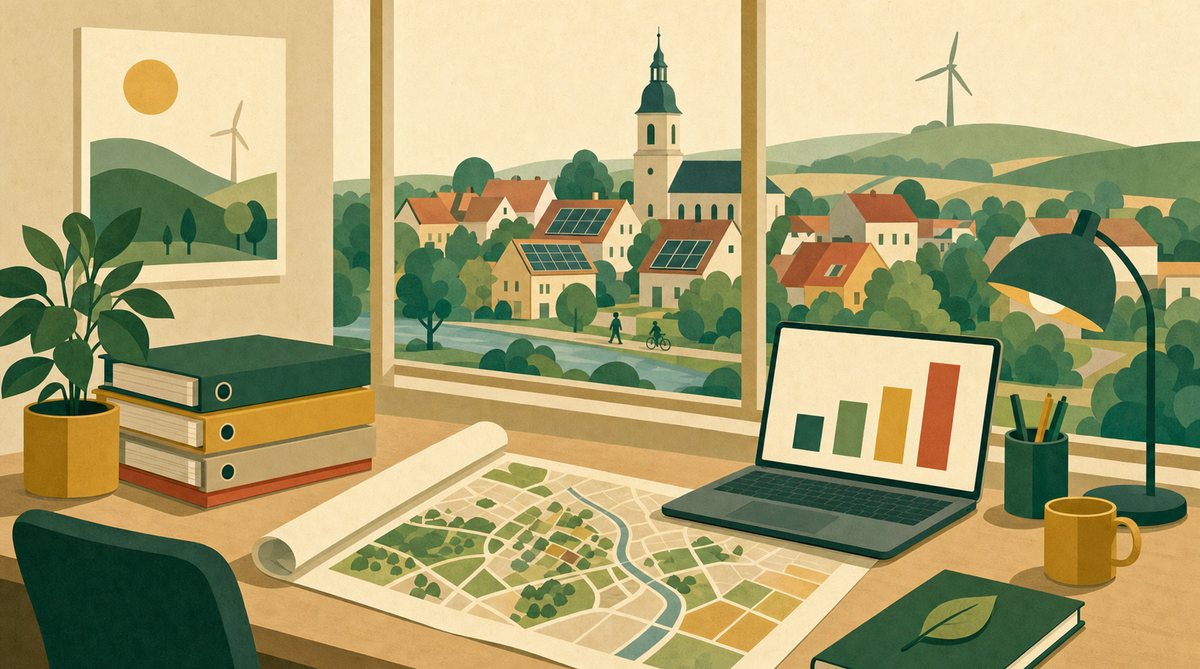 Illustration eines Büroschreibtischs mit Stadtplan, Aktenordnern und Laptop mit Balkendiagramm, durch das Fenster eine Kleinstadt mit Solardächern und einem Windrad