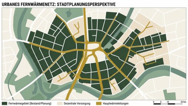 Kommunale Wärmeplanung — Versorgungsgebiete einer Stadt als schematische Planskizze