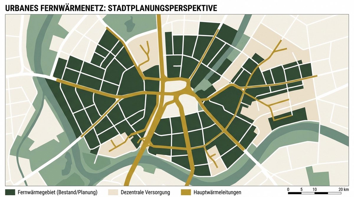 Kommunale Wärmeplanung — Versorgungsgebiete einer Stadt als schematische Planskizze