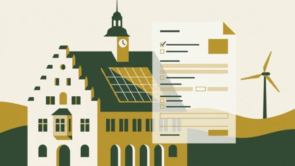 Kommunalrichtlinie NKI Klimaschutz — Rathaus mit Förderantrag, Flat-Illustration