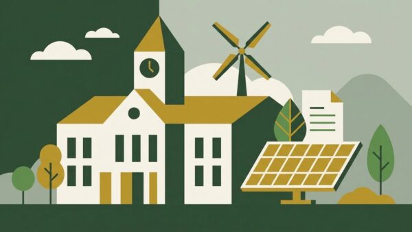 Kommunalrichtlinie NKI — Klimaschutzförderung für Kommunen, Flat-Illustration mit Rathausgebäude und Klimaschutz-Icons