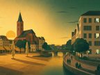 Illustration einer Altstadt am Fluss am Abend nach einem Hitzetag: leerer Marktplatz mit zusammengeklappten Sonnenschirmen, Menschen auf der Uferpromenade und beleuchtete Fenster in einem Wohnhaus mit geschlossenen Fensterläden