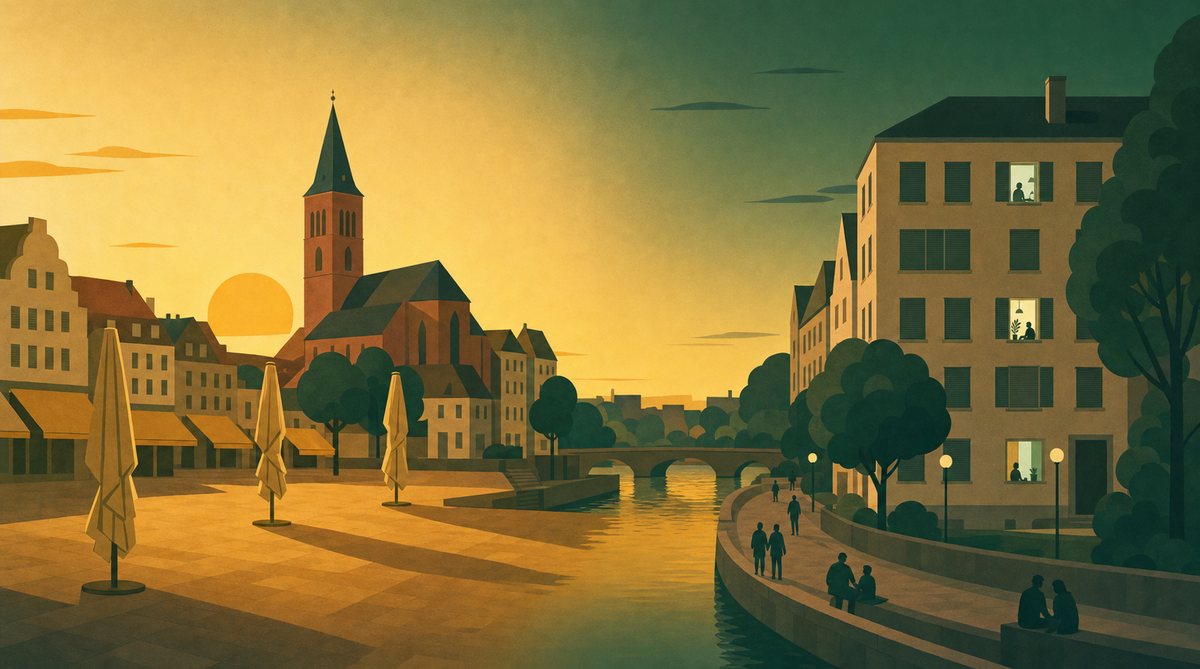 Illustration einer Altstadt am Fluss am Abend nach einem Hitzetag: leerer Marktplatz mit zusammengeklappten Sonnenschirmen, Menschen auf der Uferpromenade und beleuchtete Fenster in einem Wohnhaus mit geschlossenen Fensterläden