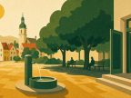 Illustration eines sonnigen Stadtplatzes mit öffentlichem Trinkbrunnen im Vordergrund, schattenspendenden Bäumen mit Sitzbänken und der offenen Tür einer Bibliothek als kühler Ort
