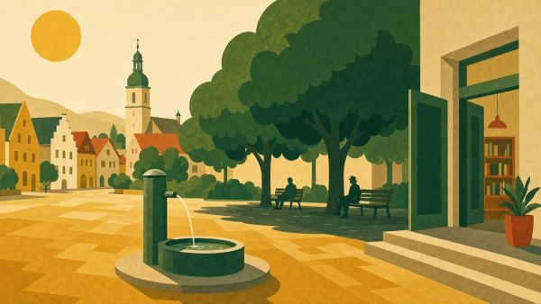 Illustration eines sonnigen Stadtplatzes mit öffentlichem Trinkbrunnen im Vordergrund, schattenspendenden Bäumen mit Sitzbänken und der offenen Tür einer Bibliothek als kühler Ort