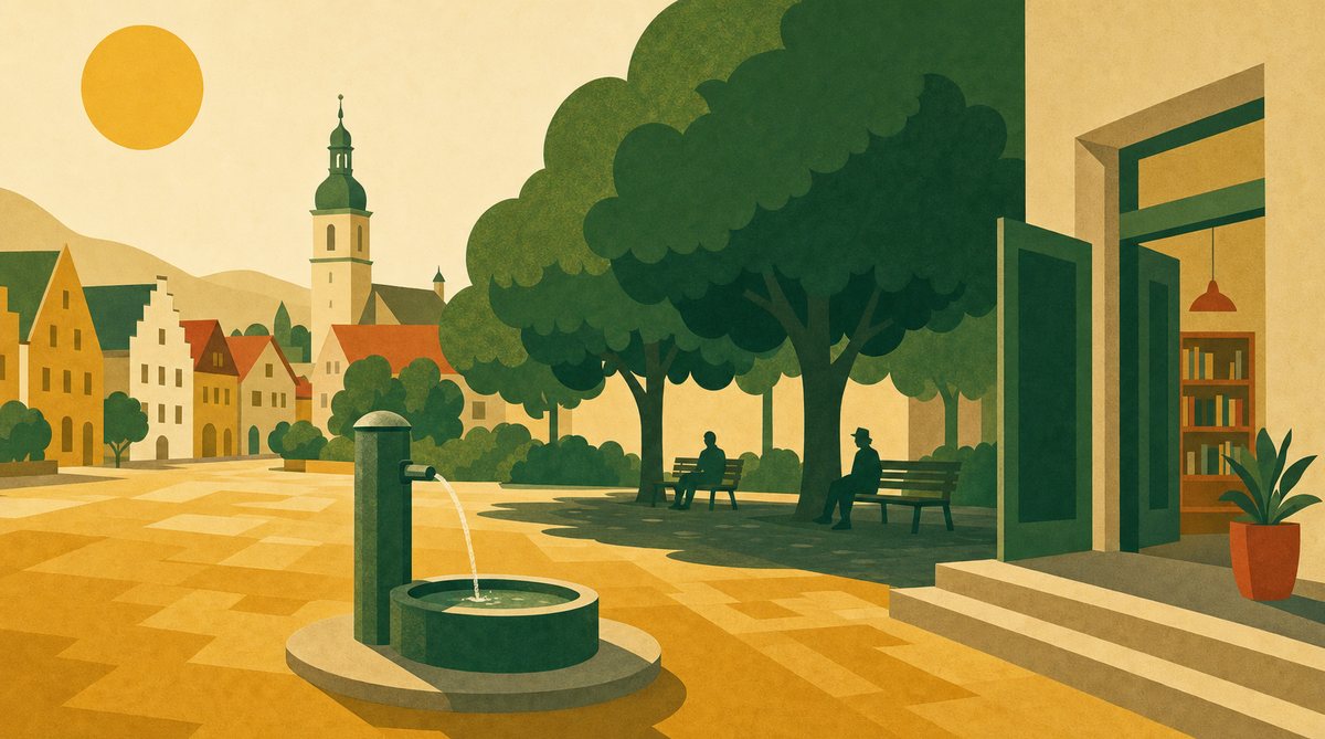 Illustration eines sonnigen Stadtplatzes mit öffentlichem Trinkbrunnen im Vordergrund, schattenspendenden Bäumen mit Sitzbänken und der offenen Tür einer Bibliothek als kühler Ort