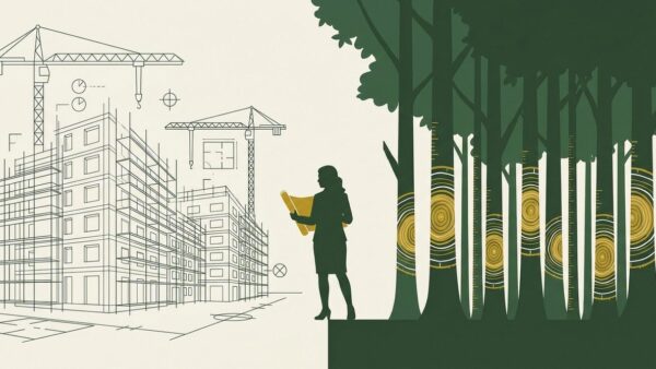 Illustration des Stadtplanungskonflikts zwischen Nachverdichtung und Grünflächenerhalt mit Baumbestand und Bebauungsplanung