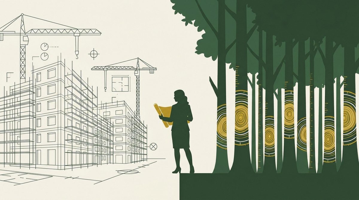 Illustration des Stadtplanungskonflikts zwischen Nachverdichtung und Grünflächenerhalt mit Baumbestand und Bebauungsplanung