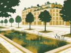 Illustration einer deutschen Stadtstraße mit naturbasierten Lösungen: Retentionsmulde, begrüntes Dach und Straßenbäume als NbS-Maßnahmen
