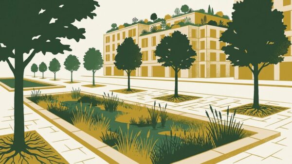 Illustration einer deutschen Stadtstraße mit naturbasierten Lösungen: Retentionsmulde, begrüntes Dach und Straßenbäume als NbS-Maßnahmen