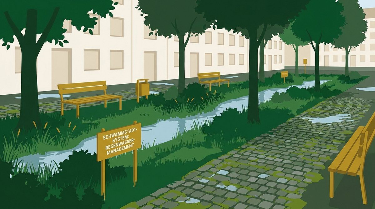 Begrüntes Mulden-Rigolen-System in einem deutschen Stadtquartier als Beispiel für Schwammstadt-Prinzipien der kommunalen Klimaanpassung