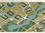 Illustrierte Vogelperspektive eines klimagerechten Stadtquartiers mit Gründächern, Baumreihen und Retentionsflächen