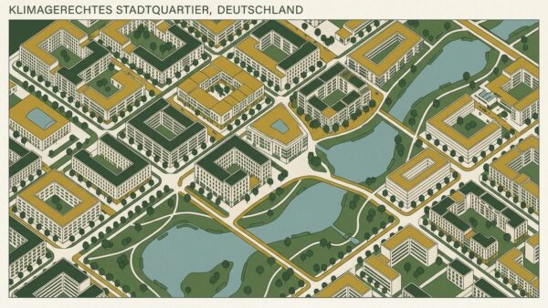 Illustrierte Vogelperspektive eines klimagerechten Stadtquartiers mit Gründächern, Baumreihen und Retentionsflächen