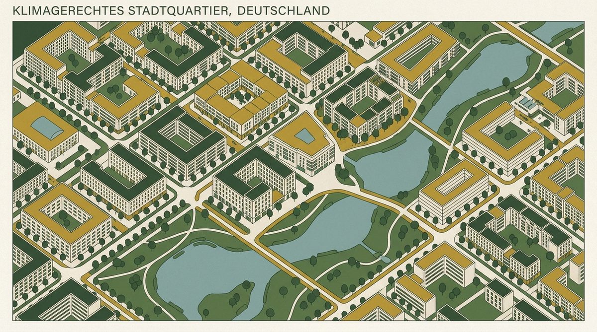 Illustrierte Vogelperspektive eines klimagerechten Stadtquartiers mit Gründächern, Baumreihen und Retentionsflächen
