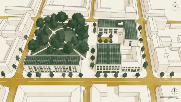 Kommunaler Klimaschutz: Stadtsilhouette mit Solardächern, Stadtbäumen und Radverkehrsinfrastruktur aus der Vogelperspektive