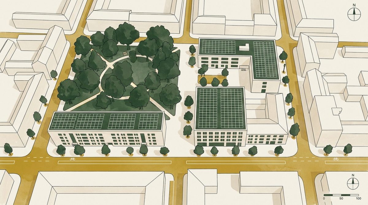 Kommunaler Klimaschutz: Stadtsilhouette mit Solardächern, Stadtbäumen und Radverkehrsinfrastruktur aus der Vogelperspektive