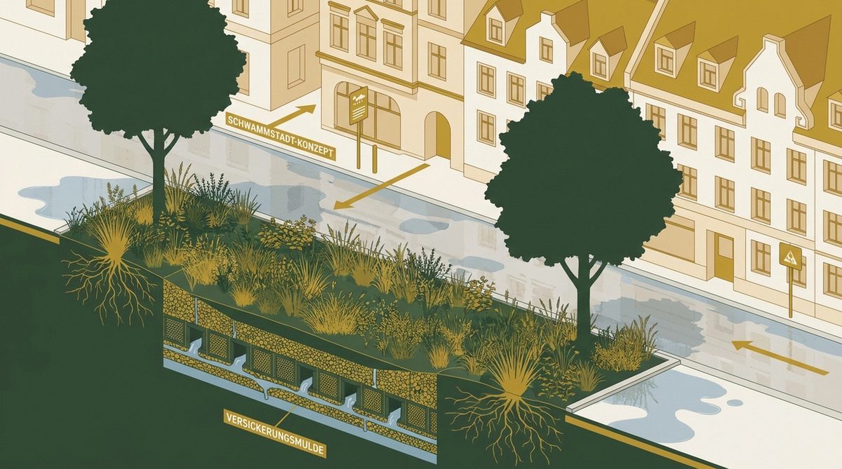 Schematische Illustration einer Schwammstadt-Straße mit Versickerungsmulde, Baumrigole und unterirdischem Mulden-Rigolen-System als Querschnittdarstellung