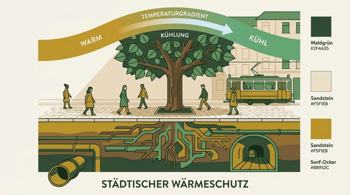 Stadtbaum mit ausladender Krone beschattet eine Straße — Kühlleistung durch Evapotranspiration dargestellt