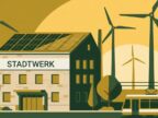Kommunales Stadtwerk mit Solaranlage und Windrädern im Hintergrund — Symbol für lokale Energiewende