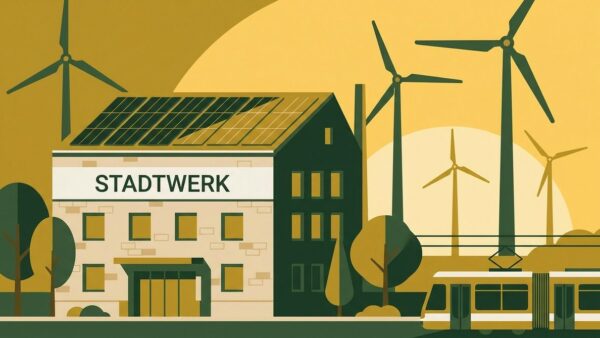 Kommunales Stadtwerk mit Solaranlage und Windrädern im Hintergrund — Symbol für lokale Energiewende
