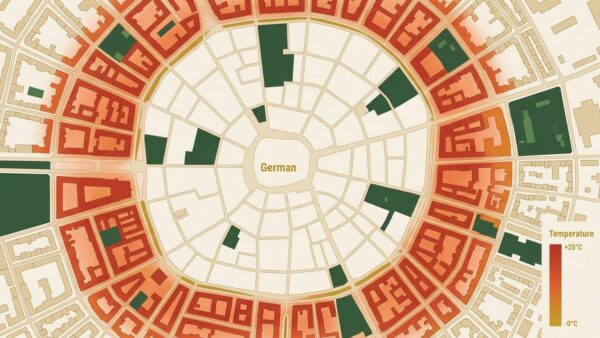 Wärmekarte einer deutschen Innenstadt: Rote Hotspot-Bereiche in dicht bebauten Vierteln, grüne Kühlflächen in Parks — Visualisierung des urbanen Hitzeinsel-Effekts