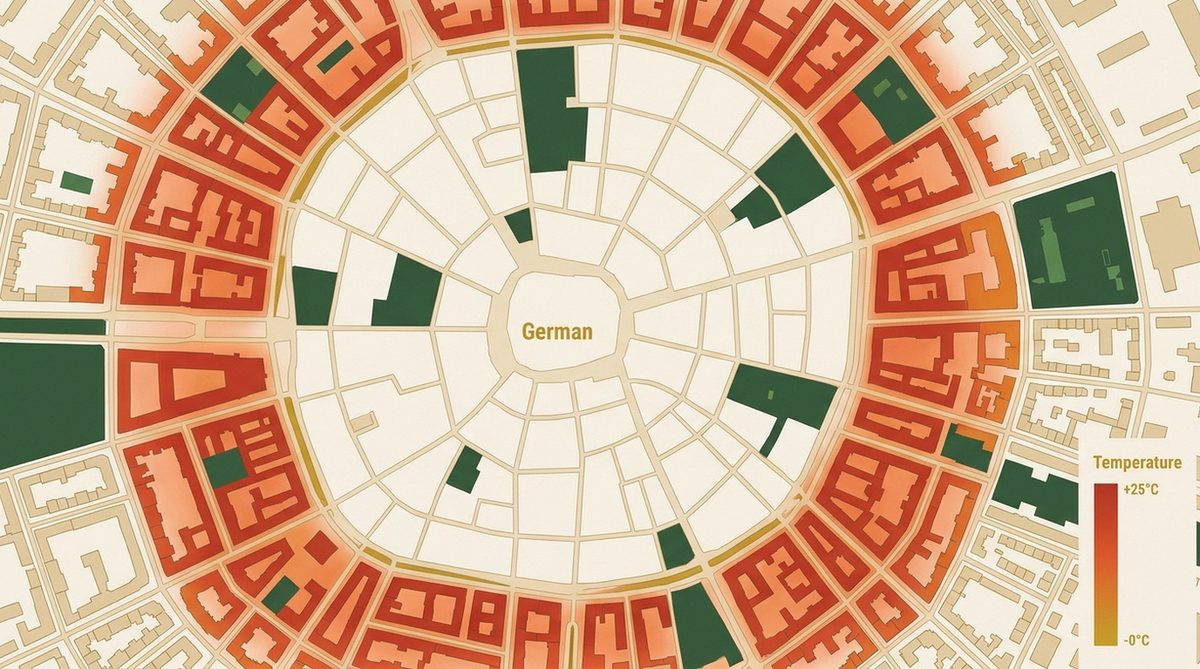 Wärmekarte einer deutschen Innenstadt: Rote Hotspot-Bereiche in dicht bebauten Vierteln, grüne Kühlflächen in Parks — Visualisierung des urbanen Hitzeinsel-Effekts